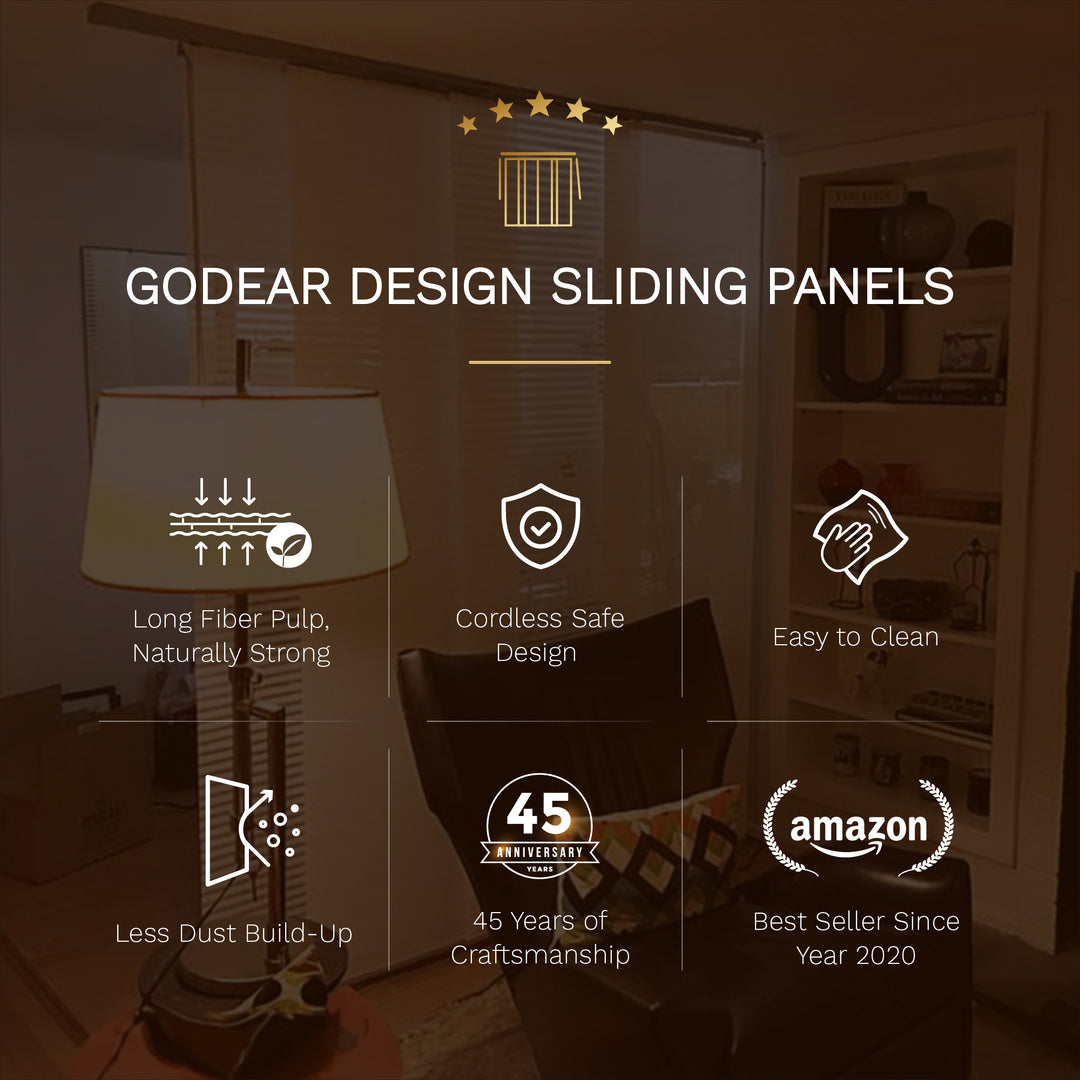Godear Design Sliding Panels with product features and certifications on a blurred background