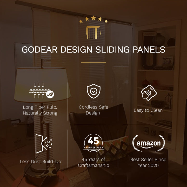 Godear Design Sliding Panels with product features and certifications on a blurred background