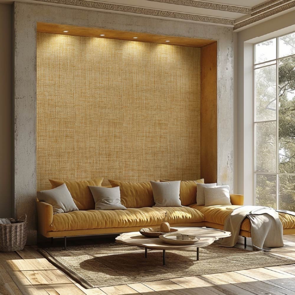 Modern living room with a yellow sectional sofa, wooden coffee table, and large window.