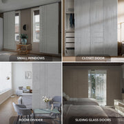 GoDear Design Collage of room divider, closet door, and sliding glass doors with text labels.