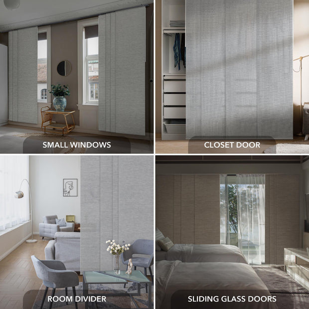 GoDear Design Collage of room divider, closet door, and sliding glass doors with text labels.