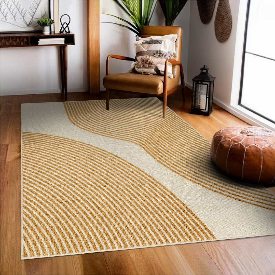 GoDear Design Rug with wavy pattern on wooden floor in room with chair and decor