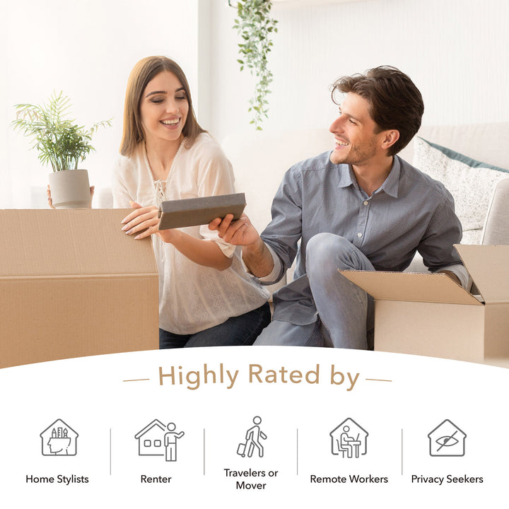 GoDear Design Man and woman unpacking boxes in a living room with text 'Highly Rated by' and icons below.