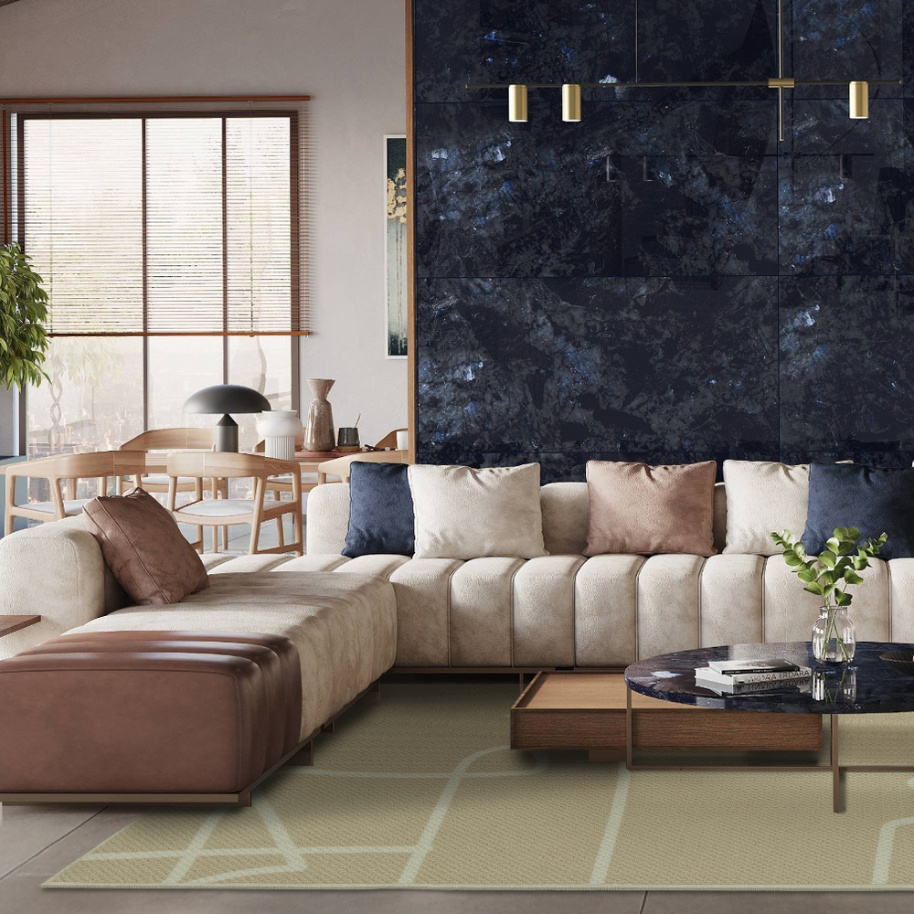GoDear Design Modern living room with a sectional sofa, coffee table, and decorative pillows.