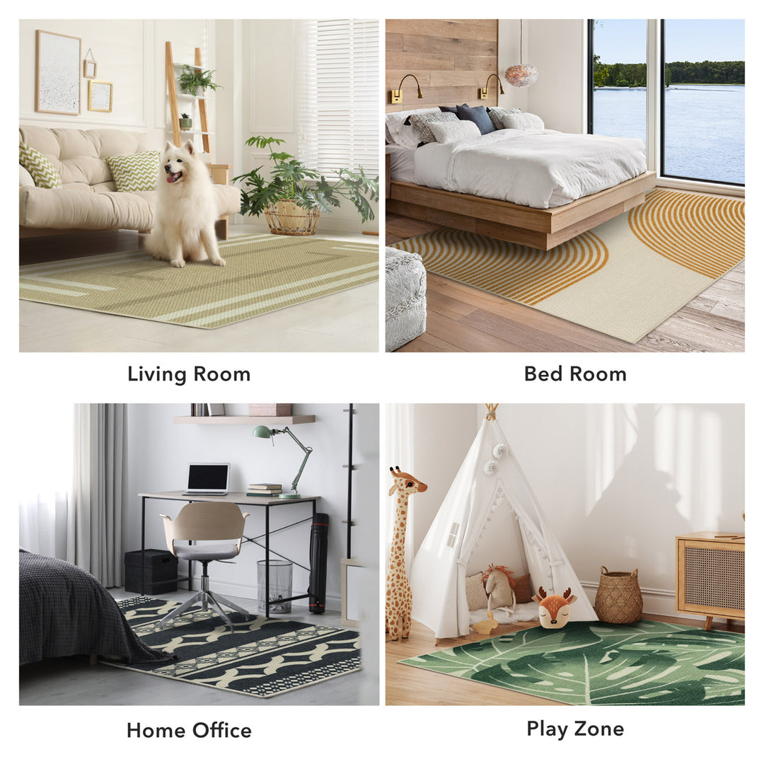 Collage of rugs in different rooms including living room, bedroom, home office, and play zone.