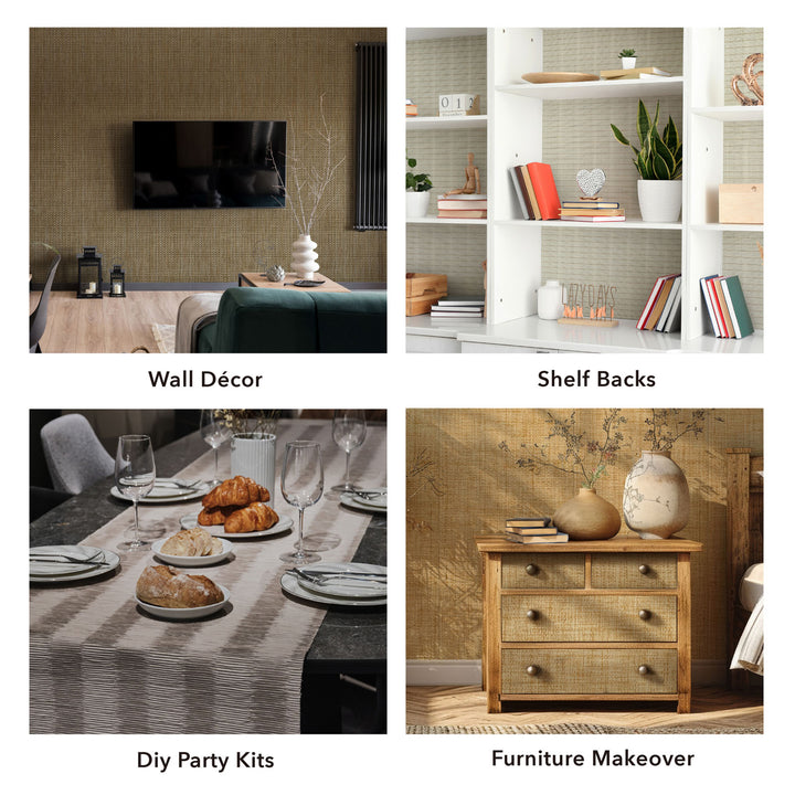 A four-panel image from GoDear Design showcasing a versatile adhesive decorative material for various home DIY projects. The top left panel features a living room with the product used as a wall accent behind a television. The top right shows it applied to the back of a bookshelf for a stylish update. The bottom left displays a table set with the material as a "DIY party kit" table runner. The bottom right highlights a "furniture makeover," with the material decorating the drawers of a wooden dresser.