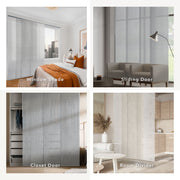 Collage of window treatments including a window shade, sliding door, closet door, and room divider.