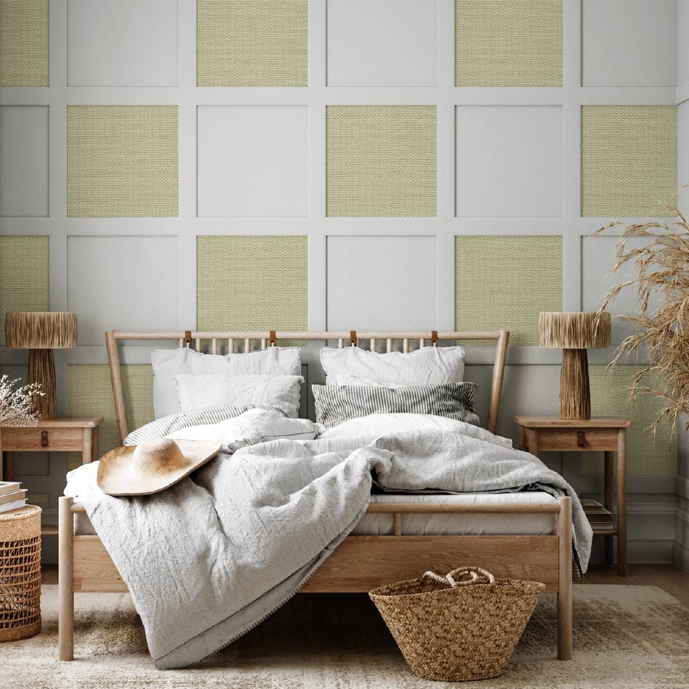Bedroom with wooden bed, white bedding, and decorative elements.