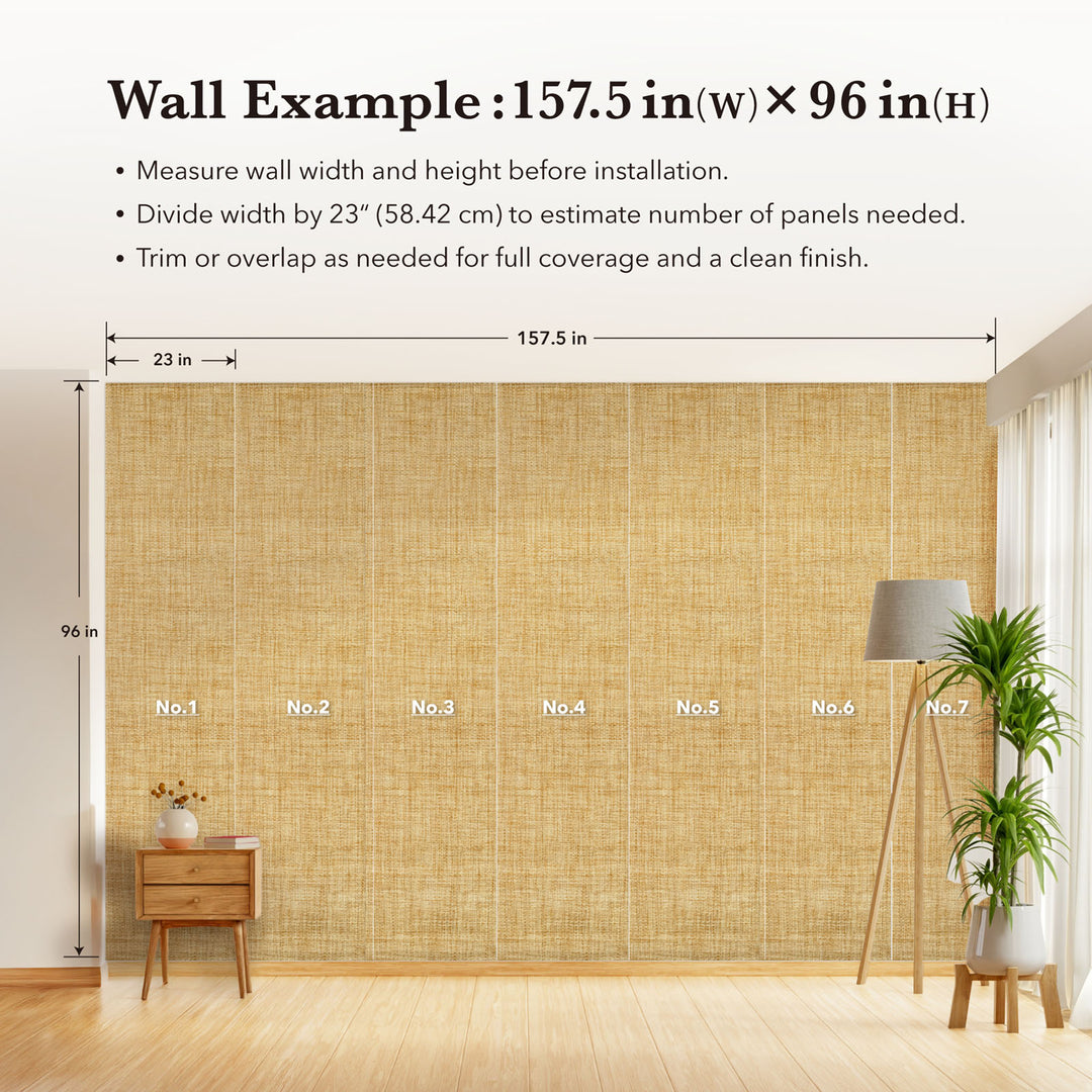 Wall example showing 157.5 by 96 inch surface divided into seven wallpaper panels, with measurement guidelines, wooden side table, floor lamp, and indoor plant for scale.