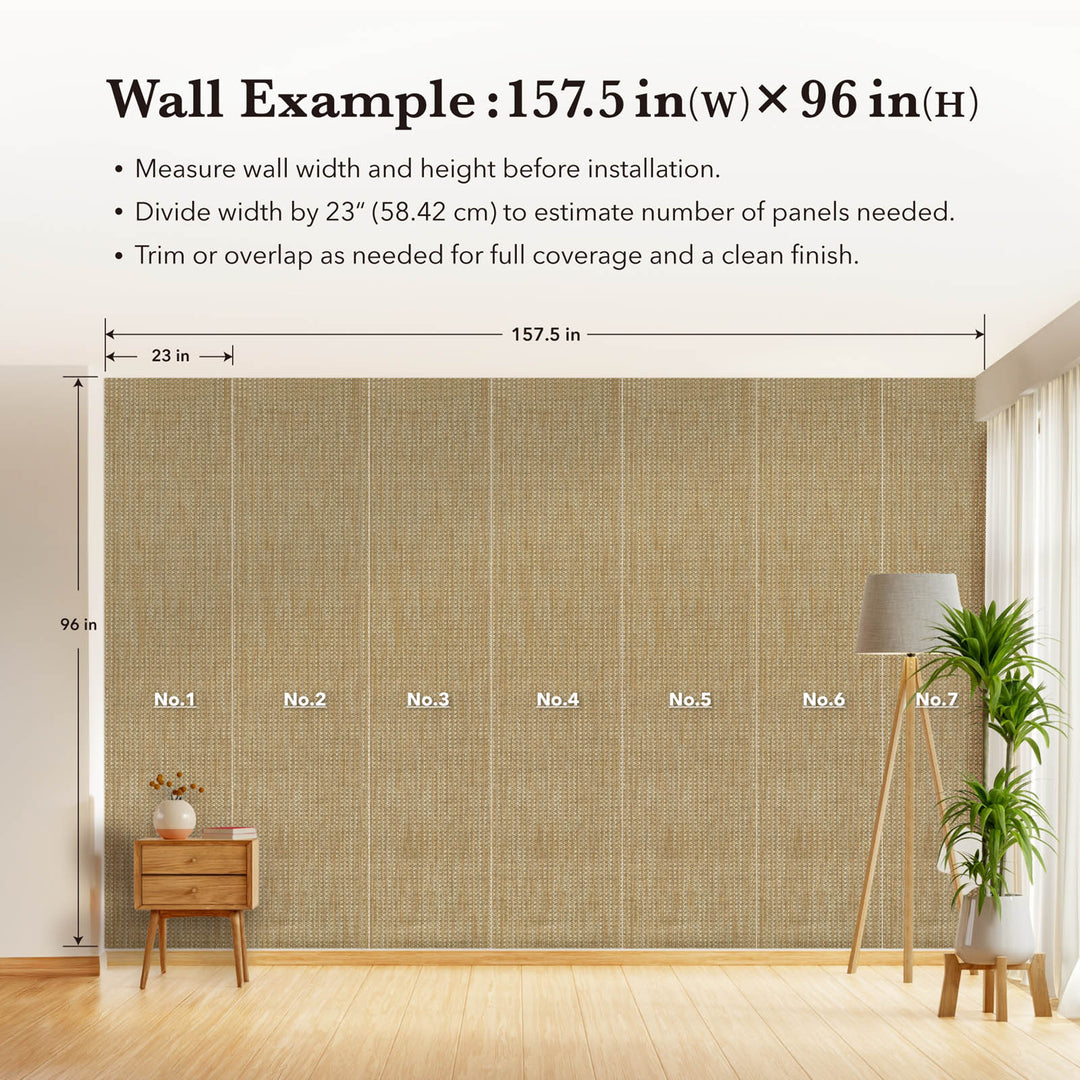 Example wall installation of “Velvet Bark” wallpaper showing a 157.5 in by 96 in wall covered with seven vertical panels, each 23 in wide, with measurement guides and installation notes for trimming or overlapping to achieve full coverage.