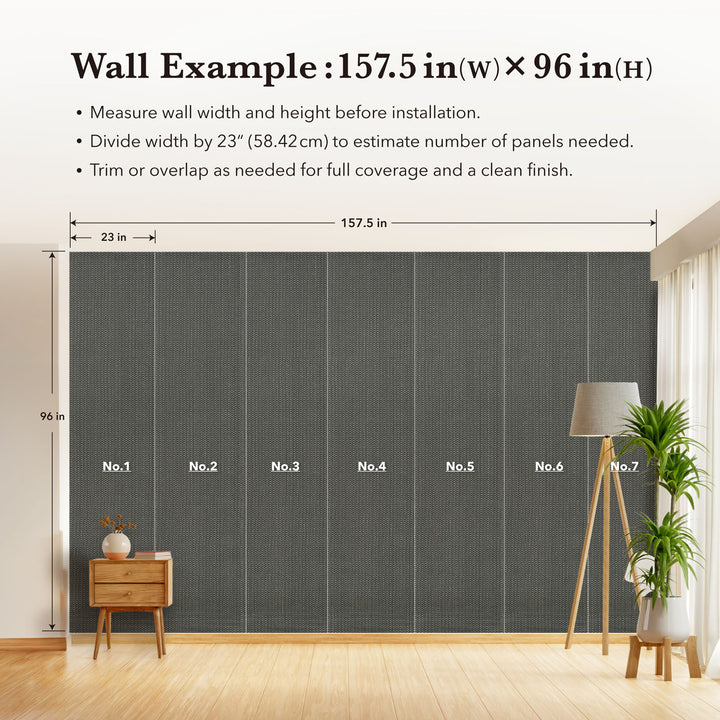 Wall with measurement guide for installing panels, featuring a lamp and plant decor.