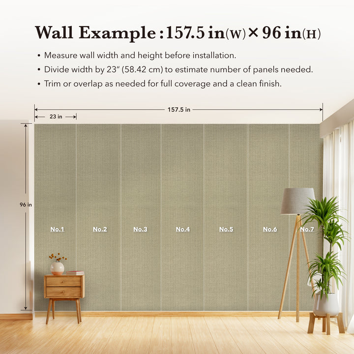 Wall with green patterned wallpaper, measurements, and installation tips displayed.