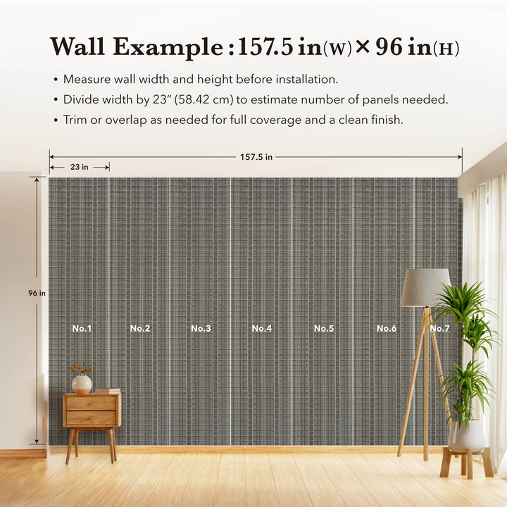 Wall with patterned wallpaper installation guide showing dimensions and panel placement.