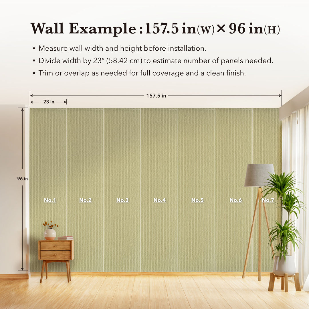 Wall with green striped wallpaper, measurements, and installation tips displayed.