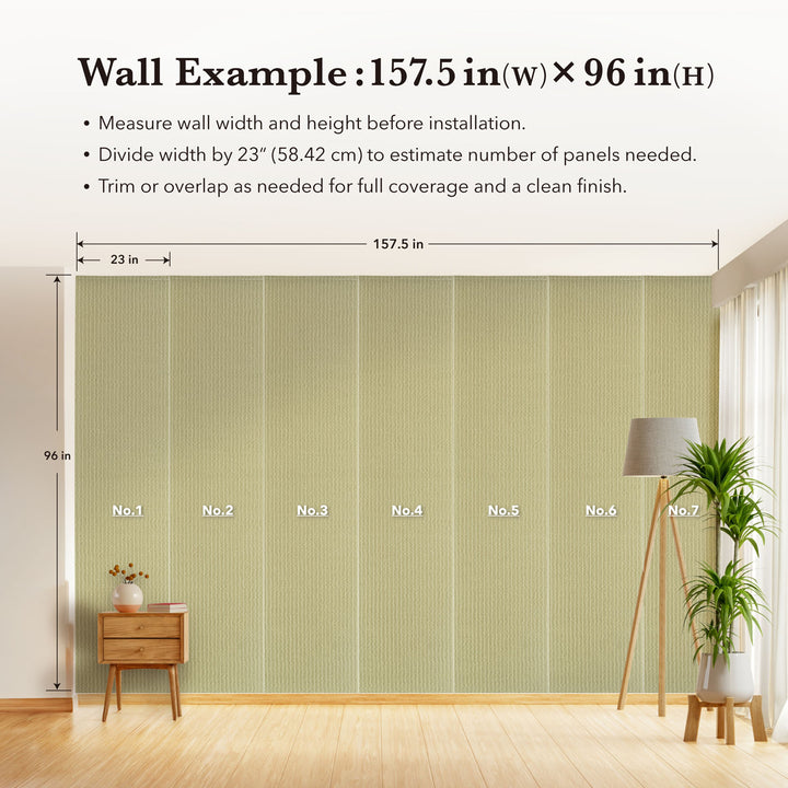 Wall with green striped wallpaper, measurements, and installation tips displayed.