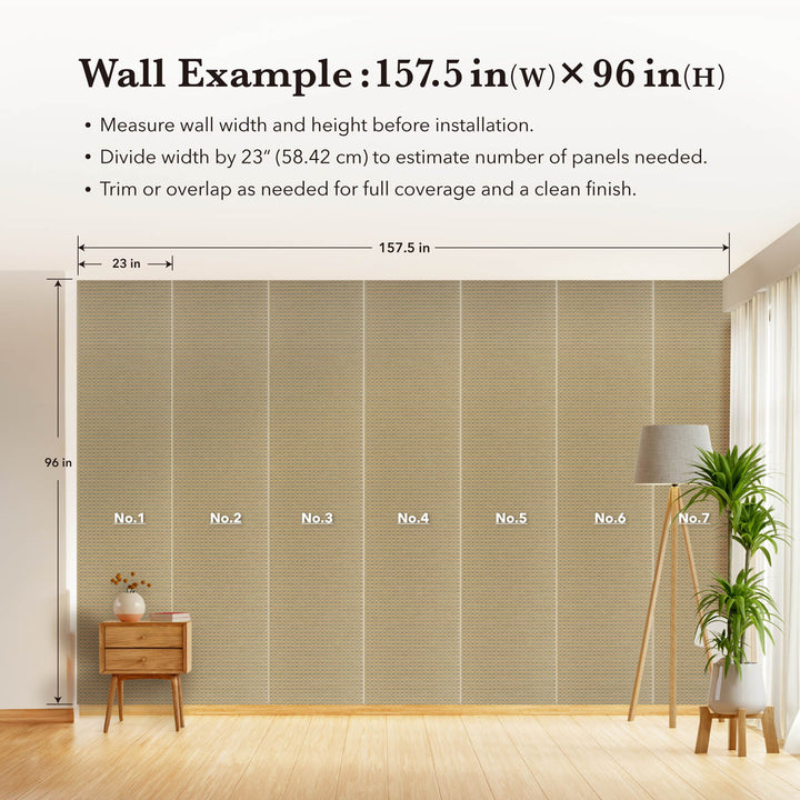 Wall with patterned panels labeled with measurements and installation tips, in a room with decor elements.