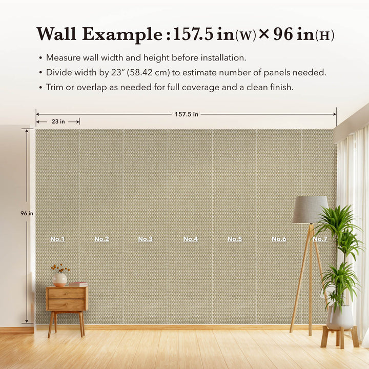 Wall with green textured wallpaper, measurements, and installation tips displayed.