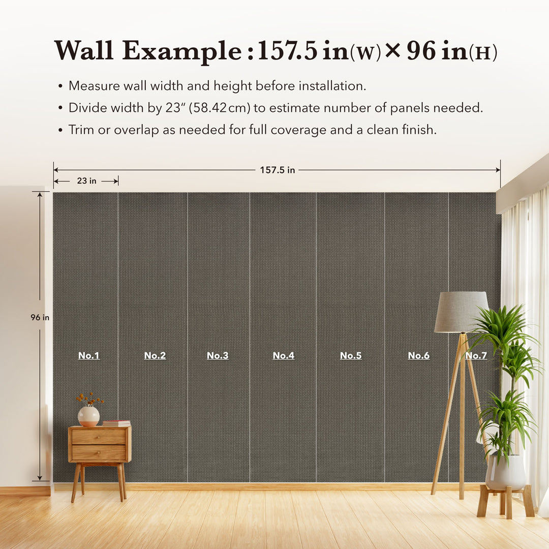 Wall with vertical panels labeled, measuring 157.5 inches wide by 96 inches high, with text on wall panel installation.