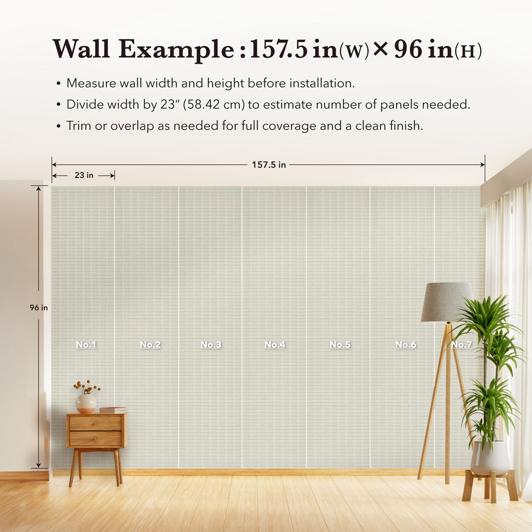 Wall with grid pattern and measurement guide for panel installation, featuring a wooden side table and lamp.
