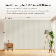 Wall with grid pattern and measurement guide for panel installation, featuring a wooden side table and lamp.