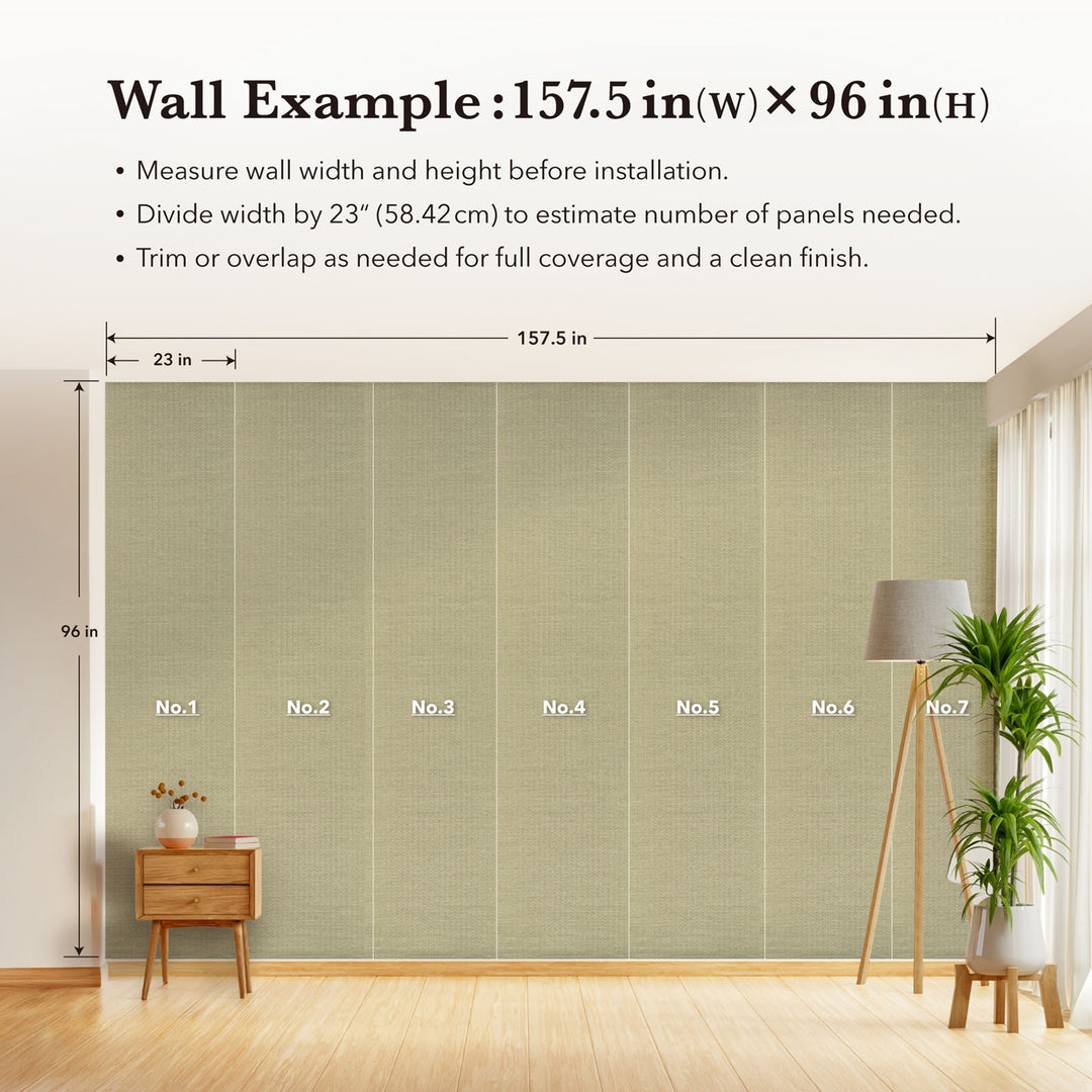 Wall with green patterned wallpaper showing measurement details and a room setup.