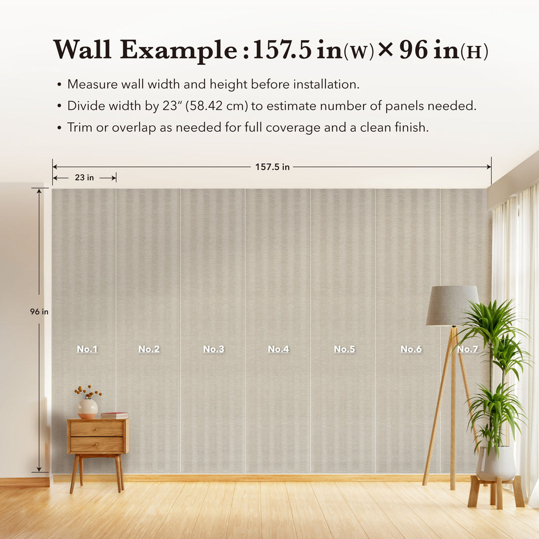 Wall with measurements for panel installation, showing a room with a lamp and plant.