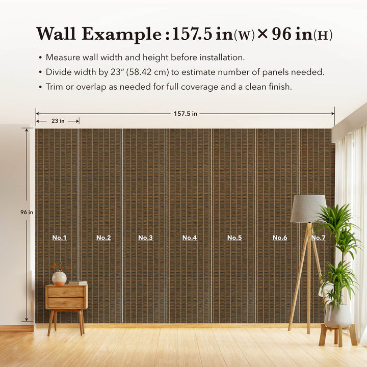 Wall with patterned wallpaper installation guide showing dimensions and panel placement.