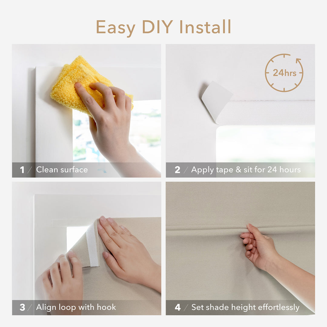 GoDear Design Step-by-step guide for installing a window shade with text 'Easy DIY Install'.