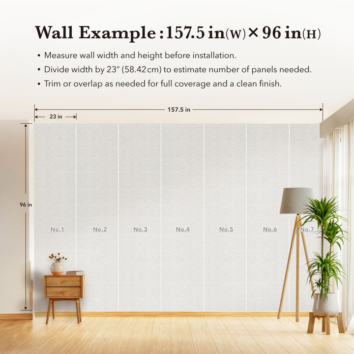 Wall with panel measurements and layout guide, featuring a sideboard and lamp.