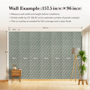 Wall with patterned wallpaper installation guide showing dimensions and panel numbering.