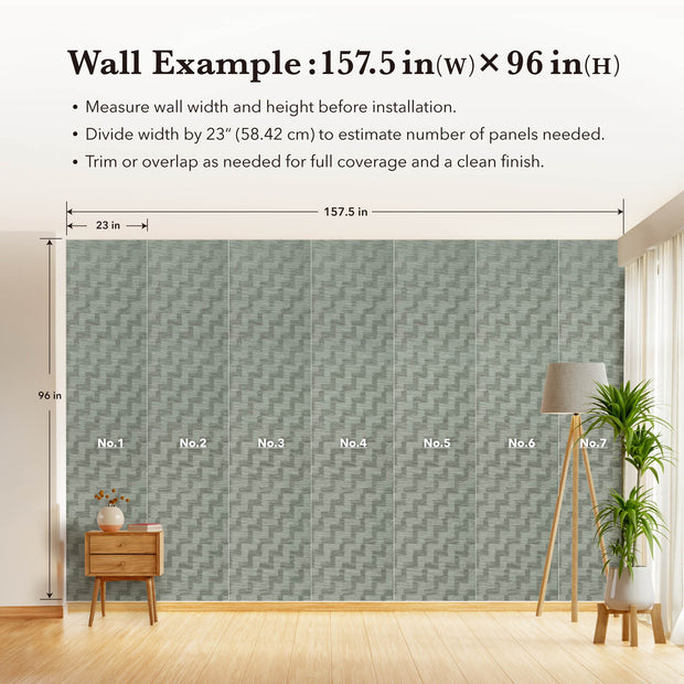 Wall with patterned wallpaper installation guide showing dimensions and panel numbering.