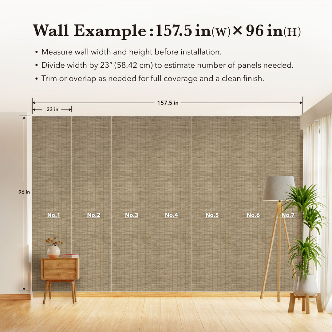 Wall with bamboo paneling and measurement guide, featuring a wooden side table and lamp.