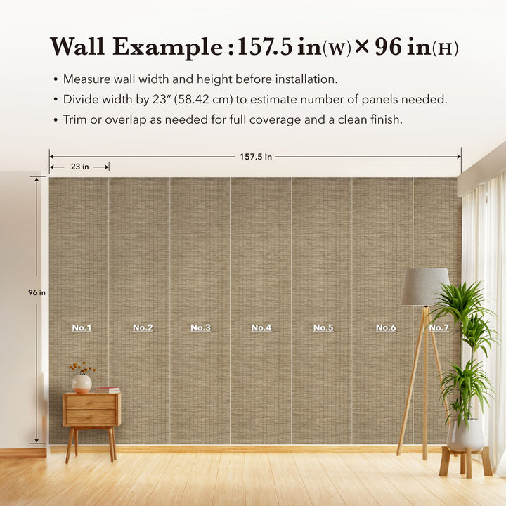 Wall with bamboo paneling and measurement guide, featuring a wooden side table and lamp.