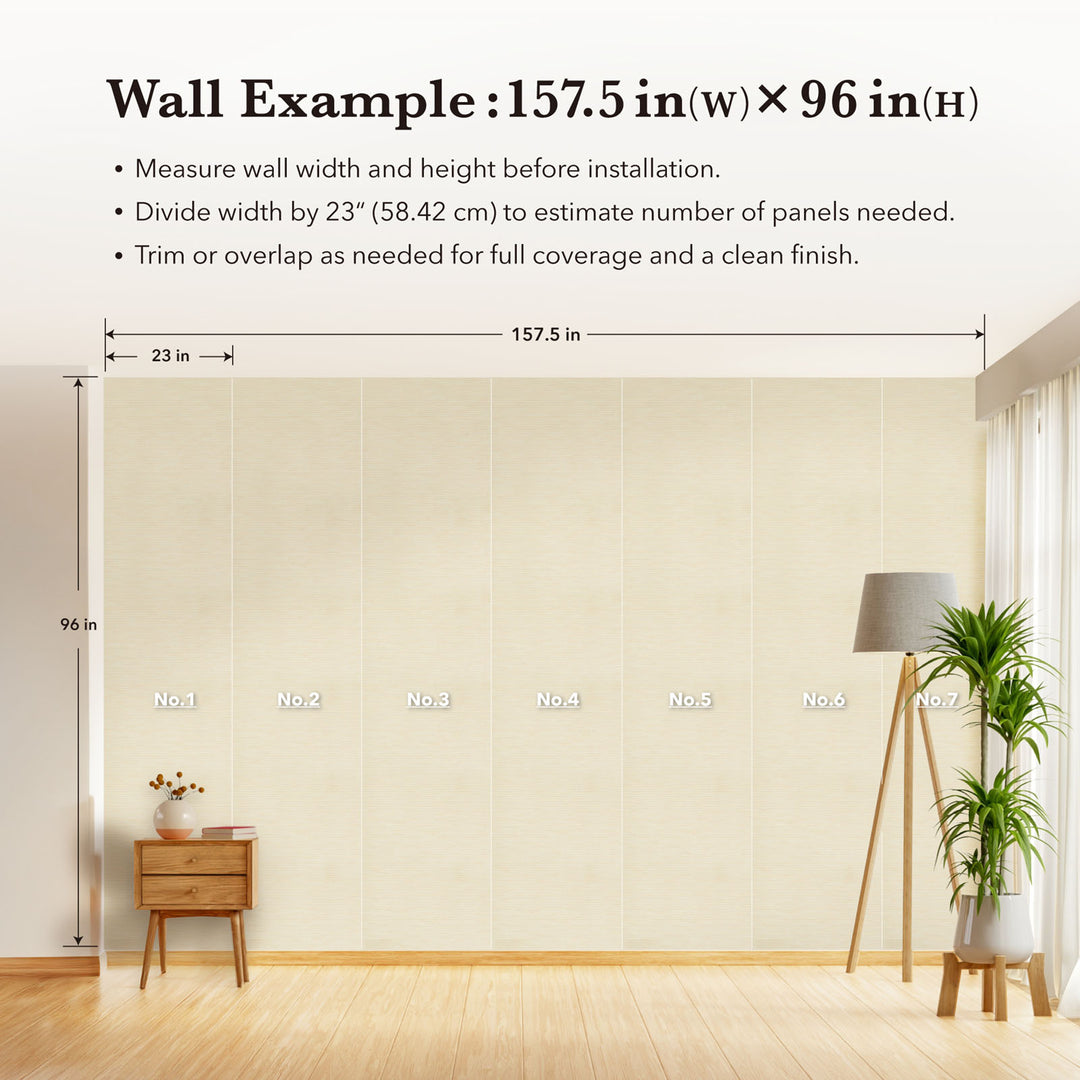 Wall with measurements for panel installation, showing a room with decor elements.