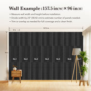 Wall with black striped panels labeled with measurements and installation tips.
