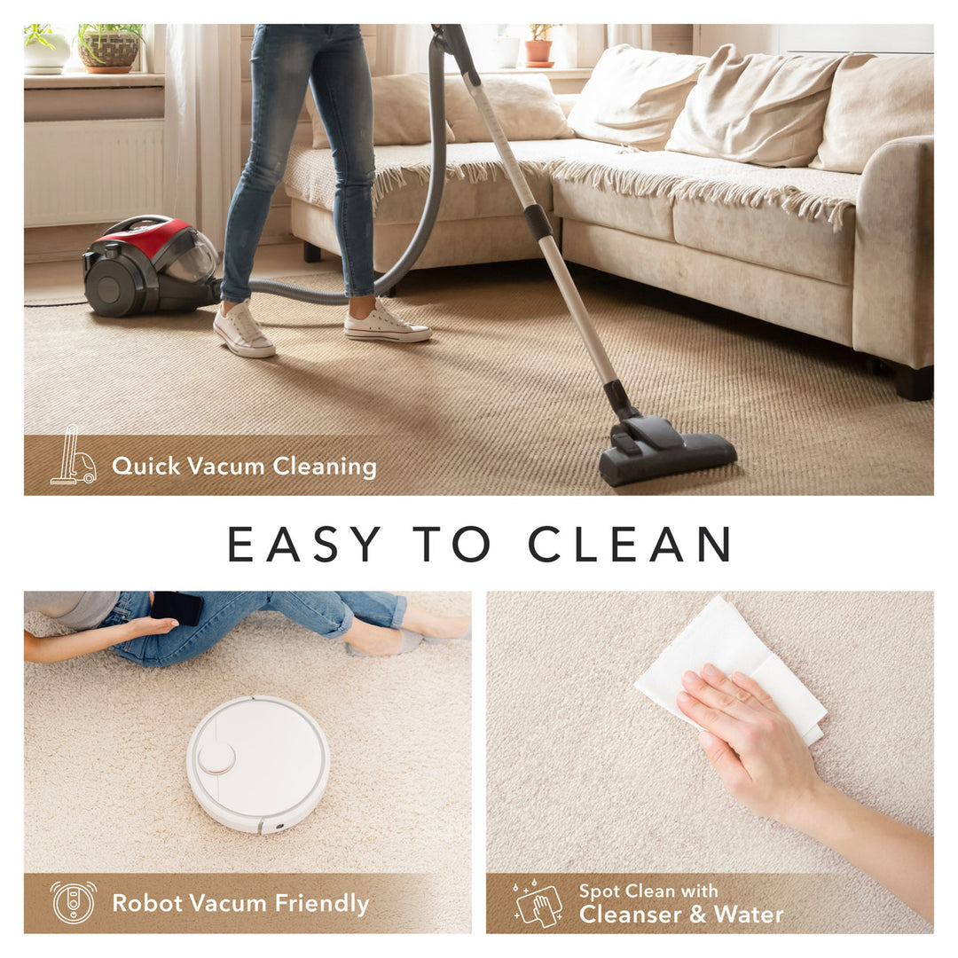 Person using a vacuum cleaner on a carpet, with text indicating ease of cleaning.