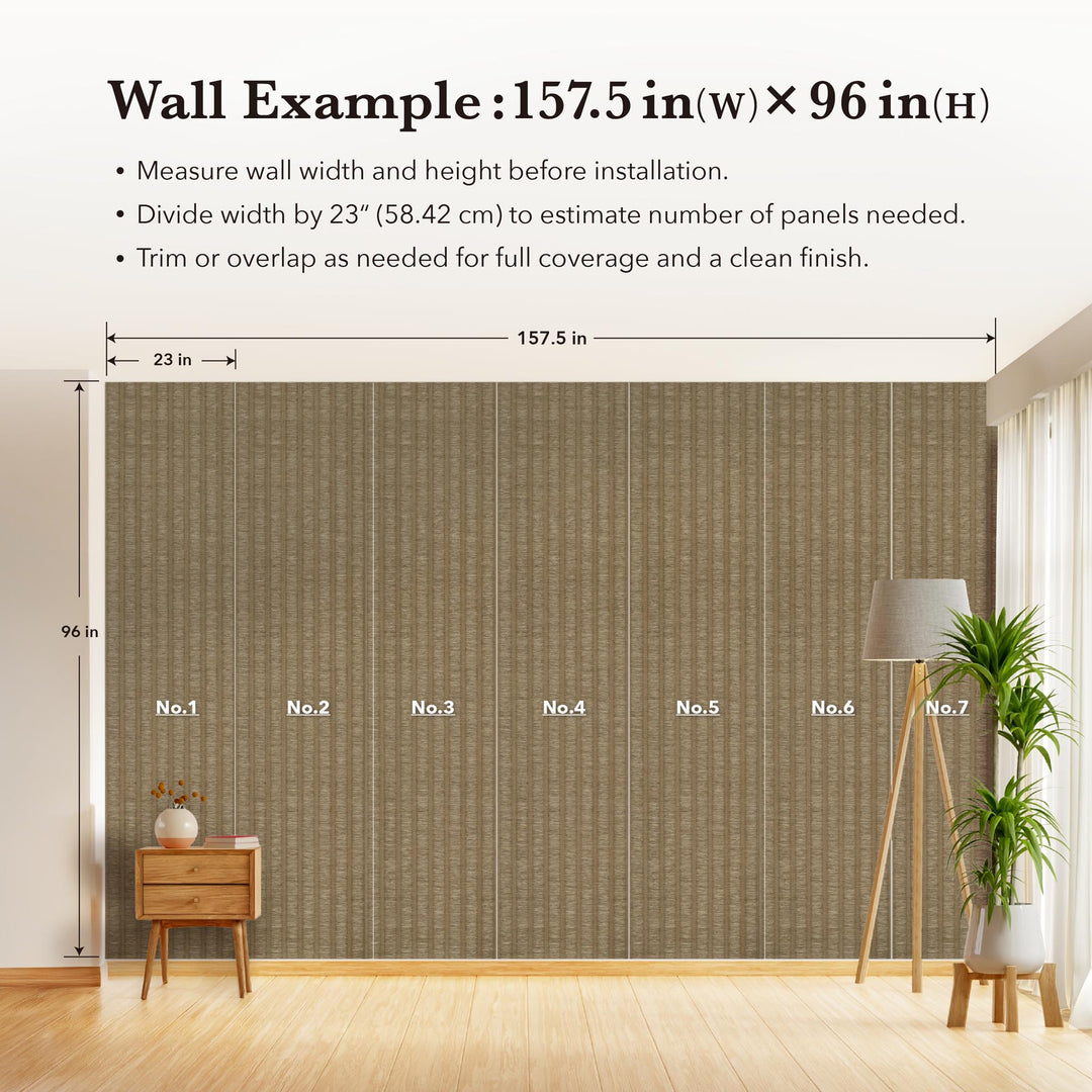 Wall coverage example showing seven brown textured vertical stripe wallpaper panels on a 157.5 by 96 inch wall with measurement guide for installation.