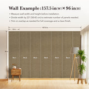Wall coverage example showing seven brown textured vertical stripe wallpaper panels on a 157.5 by 96 inch wall with measurement guide for installation.