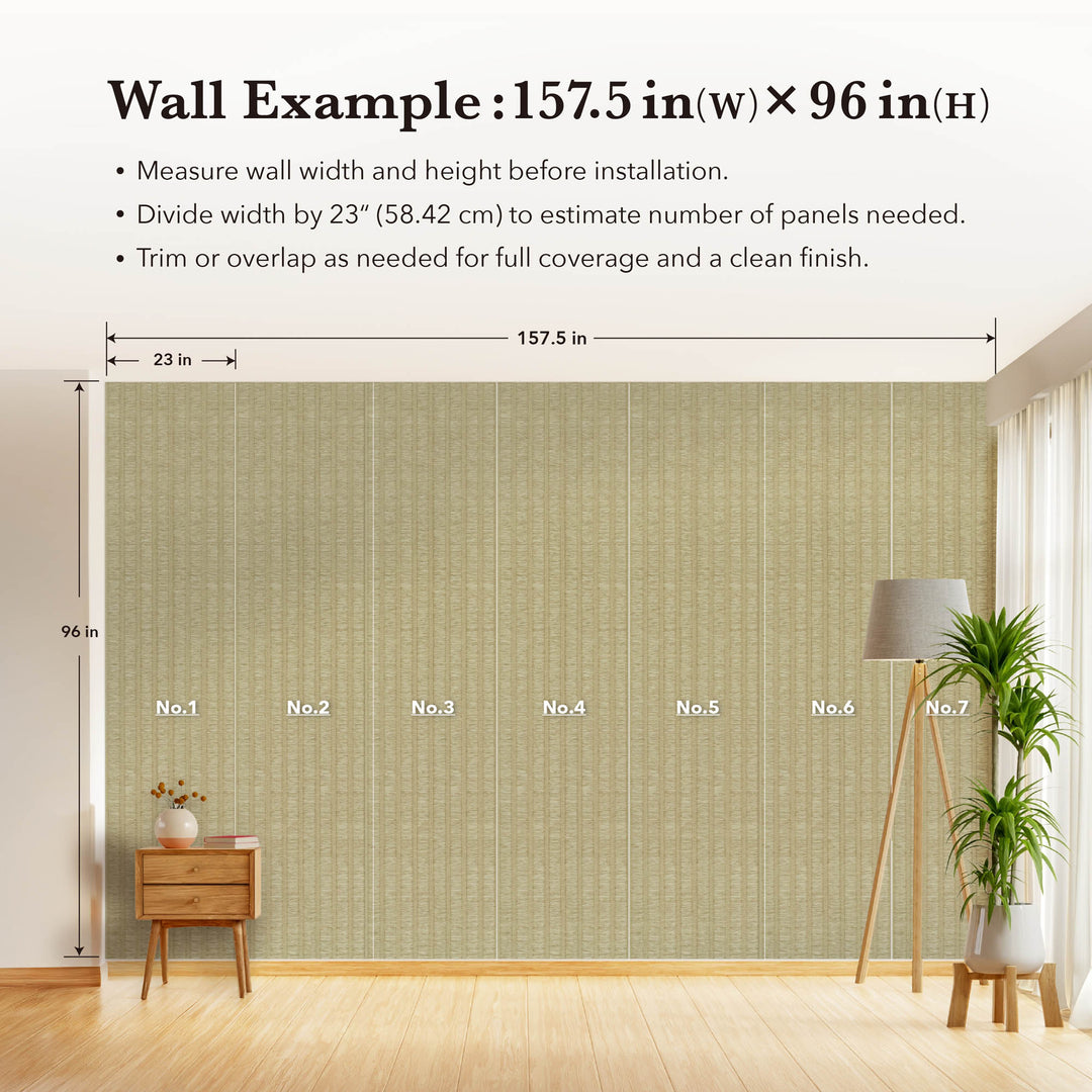 Wall coverage example showing seven light beige textured vertical stripe wallpaper panels on a 157.5 by 96 inch wall with a measurement guide.
