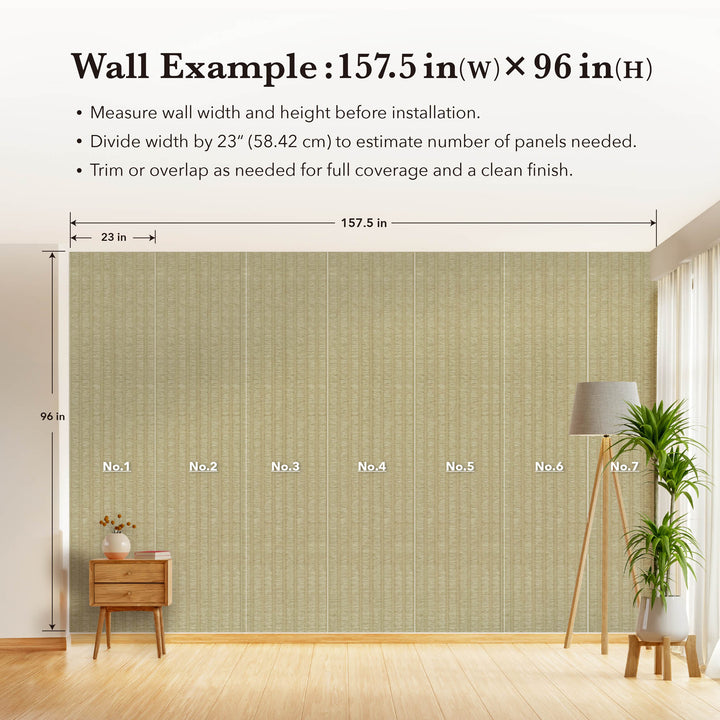 Wall coverage example showing seven light beige textured vertical stripe wallpaper panels on a 157.5 by 96 inch wall with a measurement guide.