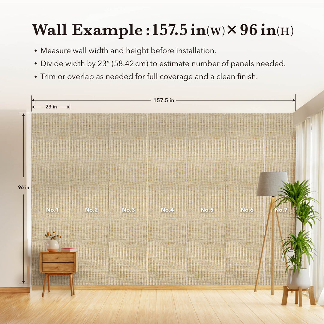 Illustration of wallpaper installation on a 157.5 by 96 inch wall, showing seven numbered panels with measurement guidelines, wooden side table, floor lamp, and indoor plant.