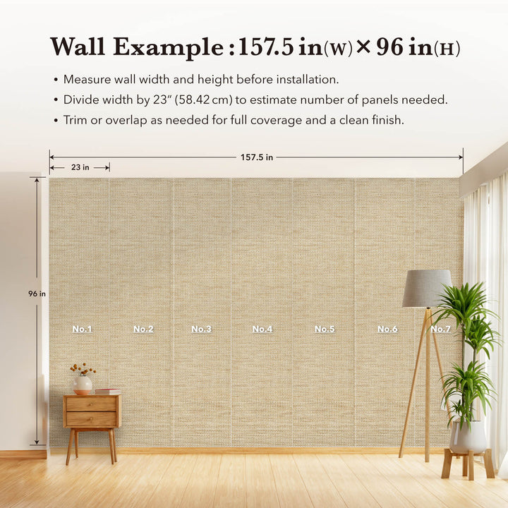 Illustration of wallpaper installation on a 157.5 by 96 inch wall, showing seven numbered panels with measurement guidelines, wooden side table, floor lamp, and indoor plant.
