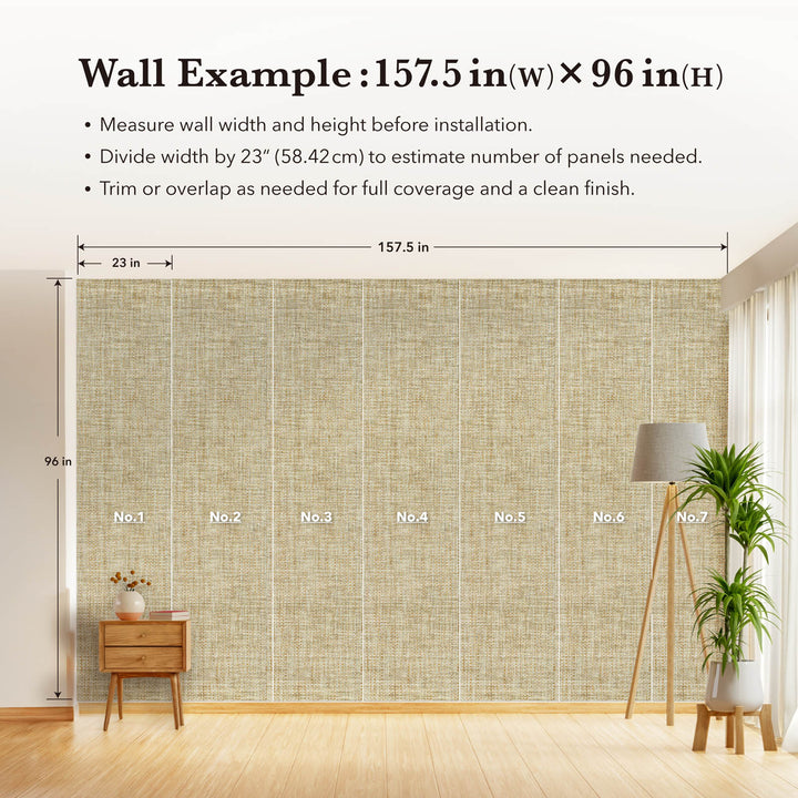 Wall example showing 157.5 by 96 inch surface divided into seven wallpaper panels, with measurement guidelines, wooden side table, floor lamp, and indoor plant for scale.
