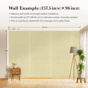 A visual guide from GoDear Design demonstrating how to estimate the quantity of wall covering needed for a room. The image shows a full wall application with seven numbered panels of a textured, light beige material. The guide provides key instructions, including measuring the wall width and height, dividing the width by 23 inches (58.42 cm), and trimming the panels for a clean finish. This diagram helps customers visualize the installation process and plan their purchase accurately.