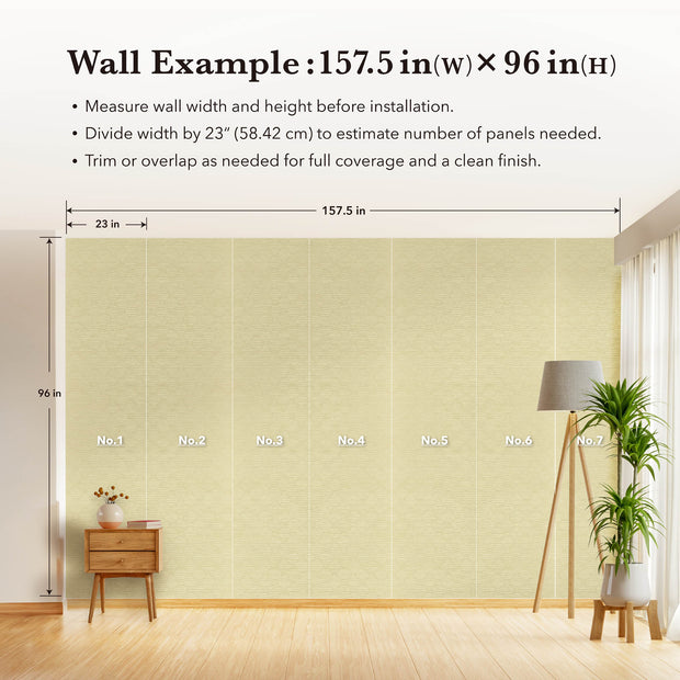 A visual guide from GoDear Design demonstrating how to estimate the quantity of wall covering needed for a room. The image shows a full wall application with seven numbered panels of a textured, light beige material. The guide provides key instructions, including measuring the wall width and height, dividing the width by 23 inches (58.42 cm), and trimming the panels for a clean finish. This diagram helps customers visualize the installation process and plan their purchase accurately.