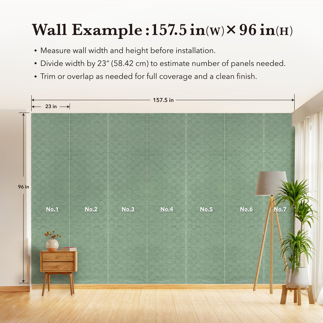Illustrated wall measurement guide showing seven vertical green textured panels with dimensions for installation planning.