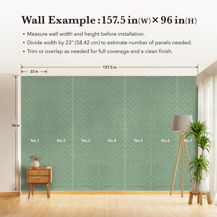 Illustrated wall measurement guide showing seven vertical green textured panels with dimensions for installation planning.