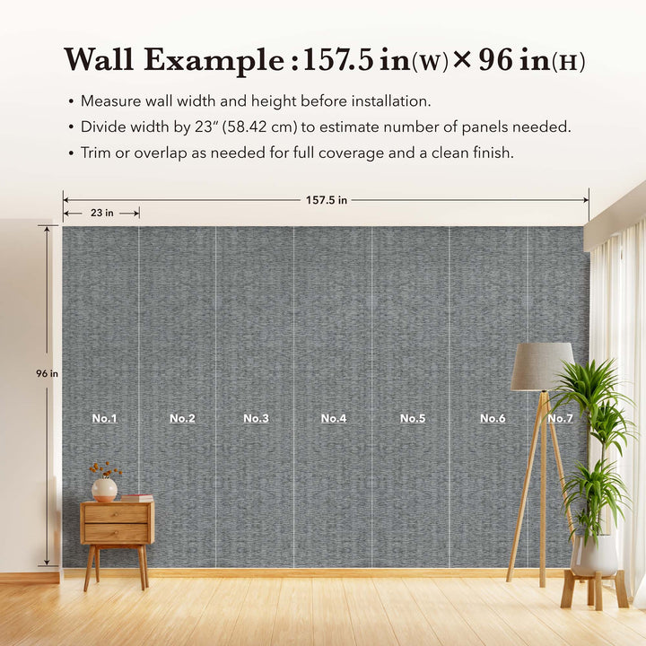 Quantity estimation guide for wallpaper installation showing a 157.5-inch-wide by 96-inch-high wall covered with seven vertical panels of dark gray woven textured wallpaper, each 23 inches wide. The image includes measurement lines, labeled panel numbers, and instructions to measure the wall, divide the width by 23 inches to estimate needed panels, and trim or overlap for full coverage. A wooden side table with a vase is on the left, and a floor lamp with a potted plant is on the right.