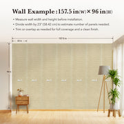 Illustrated wall measurement guide showing seven beige textured panels with dimensions for installation planning.