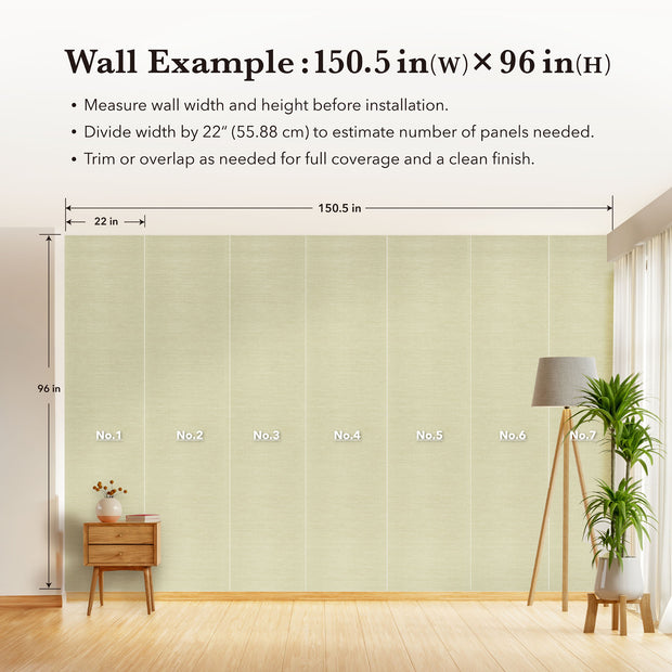 Quantity estimation guide showing a 150.5 by 96 inch wall covered with seven 22-inch wide beige woven wallpaper panels.